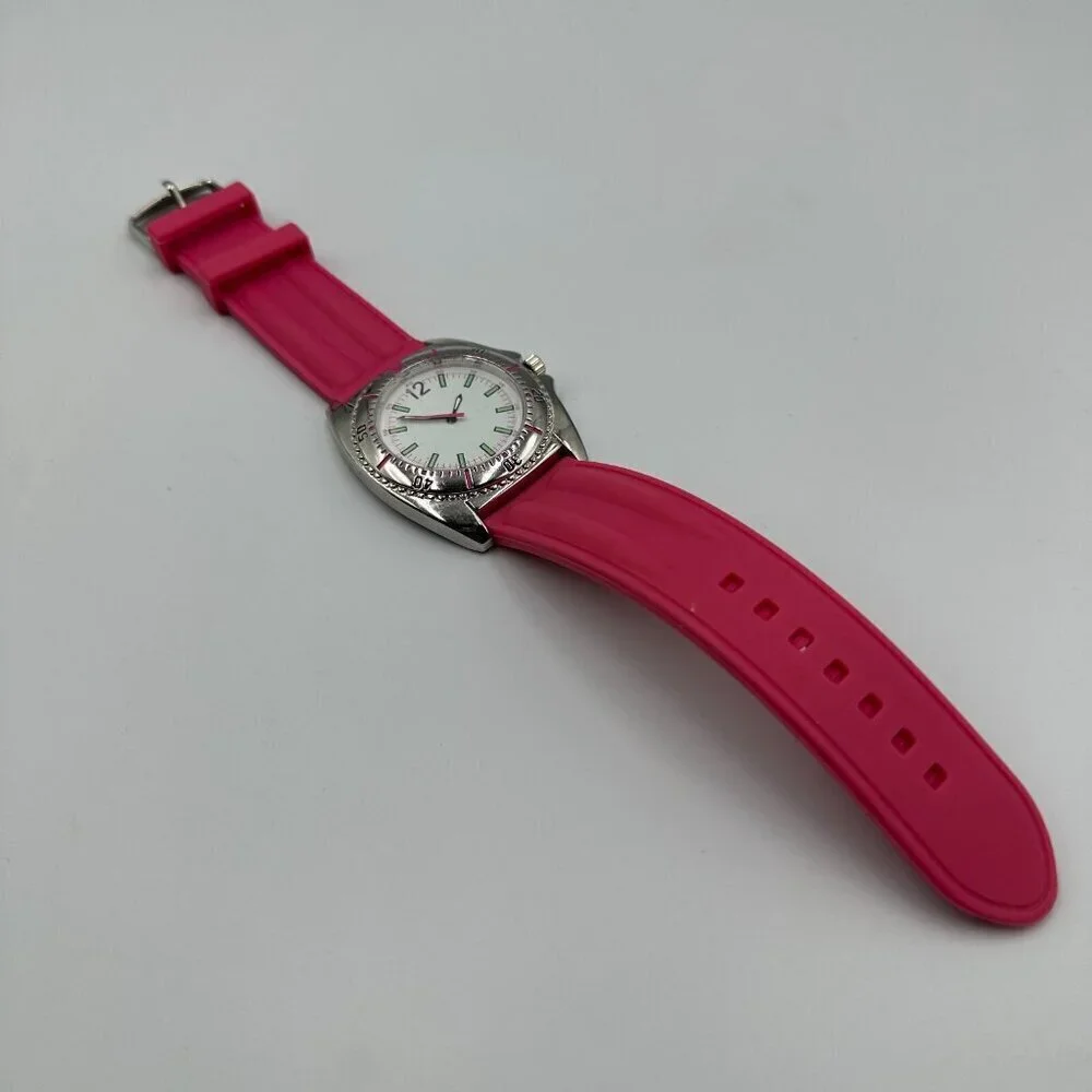 3/$30 Pink Watch Women Silicone Band Silver Tone Case White Dial Sporty